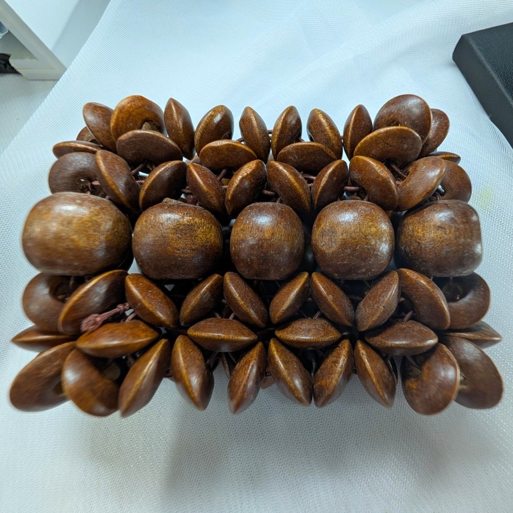 Chunky Wooden Bead Stretch Bracelet Wide Boho Statement Multi Strand Geometric